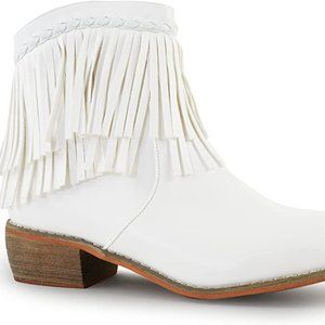 White Fringe Cowboy Bootie